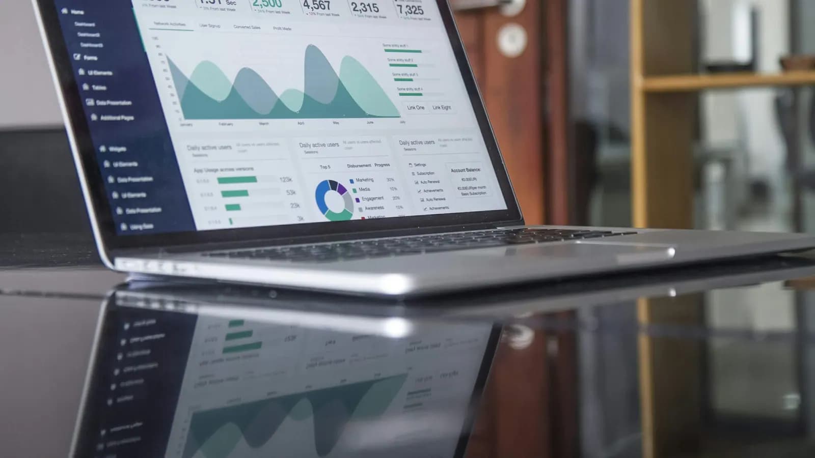 Painel de marketing aberto em um notebook sobre a mesa