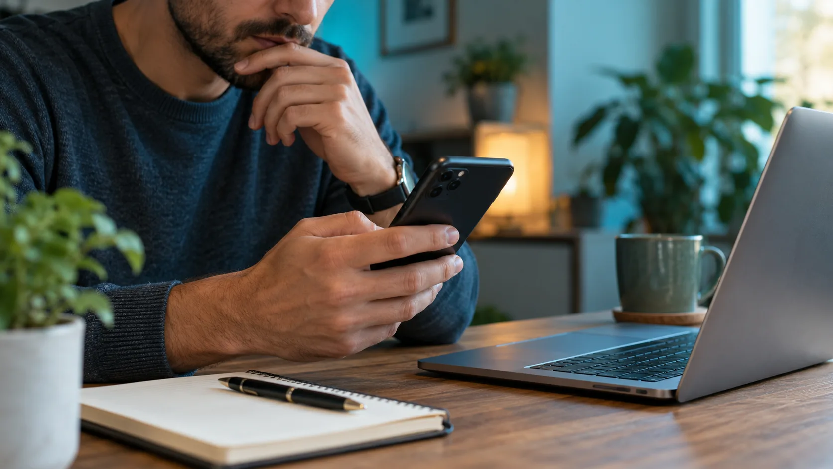 Pessoa verificando o celular com atenção para proteger suas contas e dados.