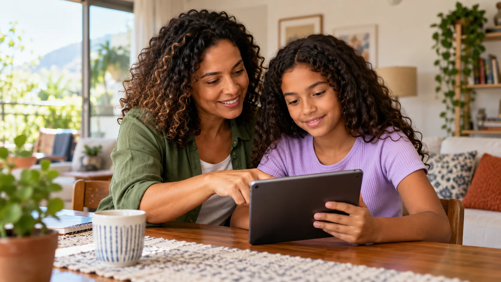 Mãe e filha usando um tablet juntas em uma atividade de orientação digital.