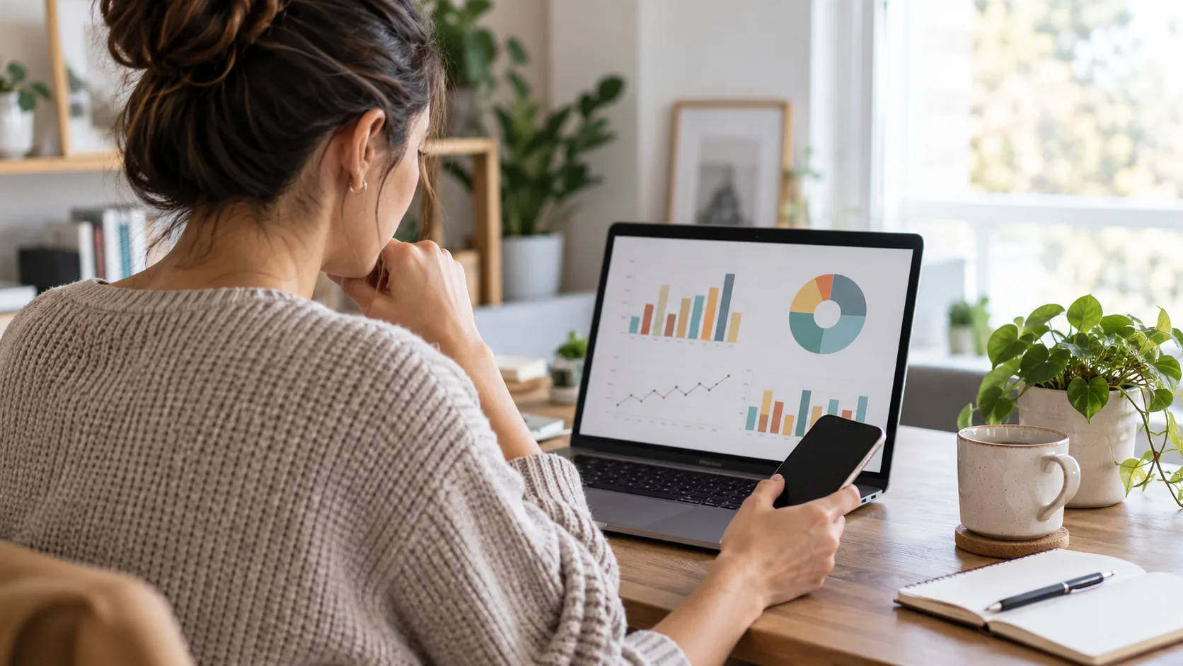 Profissional analisando gráficos no notebook para planejar conteúdo nas redes sociais.